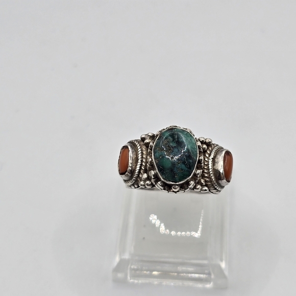 Navajo Chrysocolla & red jasper accent stone Silver Ring Size 9 - Picture 6 of 7
